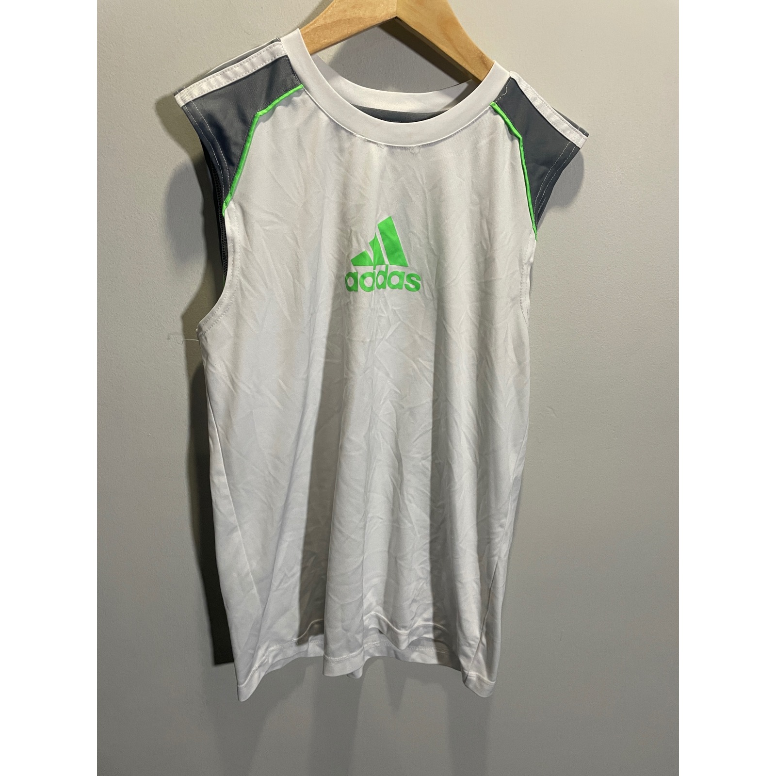 Adidas Tank Top Kids Large White Green Climalite Sleeveless Athletic Sport Shirt